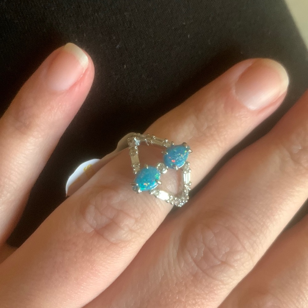 Emerald Fire Opal, rhodium plating, size 7
